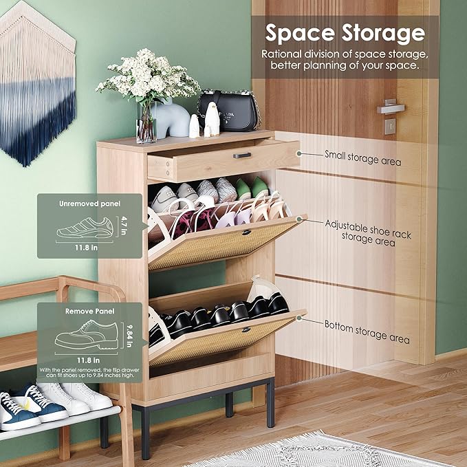Yechen Shoe Rack Storage Organizer with 2 Natural Rectangular Rattan Doors, Entryway Wooden Shoe Cabinet for Sneakers, Leather Shoes, High Heels, Slippers (1 Piece, Oak)