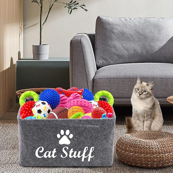 Felt Cat Toy Basket,Foldable Pet Toy Storage Bins with Handles, Pet Stuff Organizer for Indoor Cat,Kitten Toy Storage Bed for Organizing Cat Toys Treats Clothes and Accessories