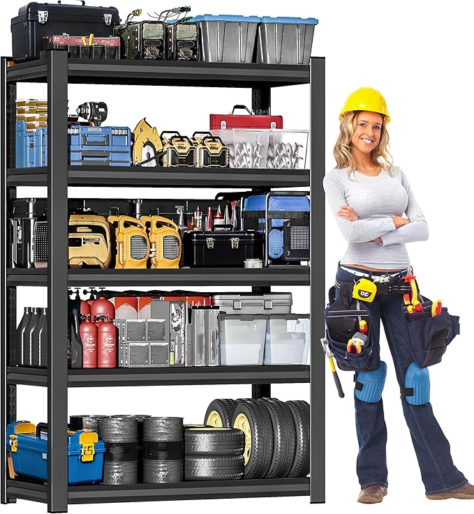 Shelving Units and Storage, 3000LBS Garage Storage Shelves, 5 Tier Shelving Unit, Steel Industrial Shelving, Adjustable Standing Shelf for Garage, Home, Warehouse 71" H x 36" W x 16" D, Black