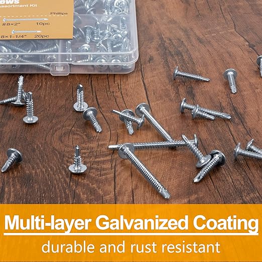 KURUI Self Tapping Screws Assortment Kit, #8 sheet metal screws for Metal Wood & plastic, 125Pcs Galvanized Phillips Truss Head Self Drilling Screws in 5 Sizes (1/2, 3/4, 1-1/4, 1in, 2in)
