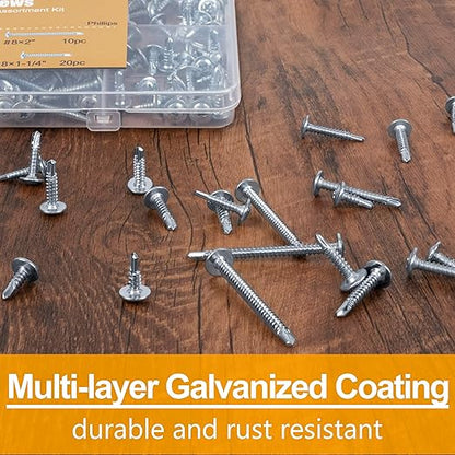 KURUI Self Tapping Screws Assortment Kit, #8 sheet metal screws for Metal Wood & plastic, 125Pcs Galvanized Phillips Truss Head Self Drilling Screws in 5 Sizes (1/2, 3/4, 1-1/4, 1in, 2in)