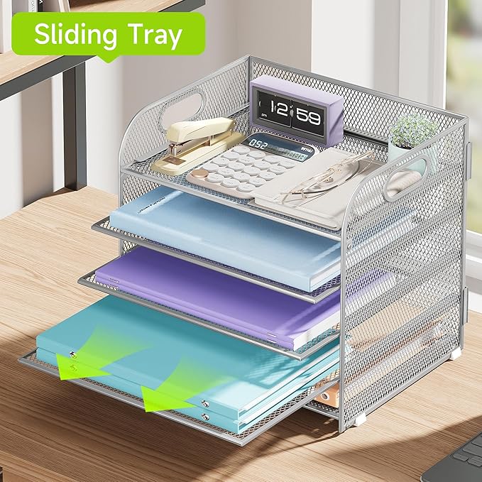 5 Tier Paper Organizer with Handle, Silver Metal Mesh Desk Organizer File Folder Paper Letter Tray Desktop Document Sorter for Classroom, School, Office Accessories Organization and Storage