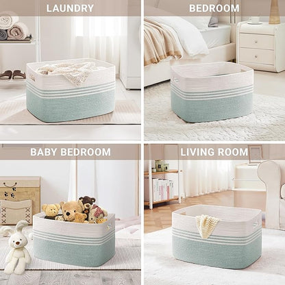 100L Extra Large Laundry Basket for Living Room Storage,Woven Rope Baskets for Blanket,Kids Toy,Gifts,Wicker Hamper for Bedroom Dirty Clothes,24"x16"x16" White Green