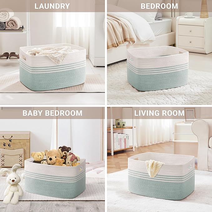 72L Large Laundry Basket for Living Room Storage, Woven Rope Baskets Bin for Blanket, Kids Toy, Gifts, Wicker Hamper for Bedroom Dirty Clothes, 22"x17"x12"White Green