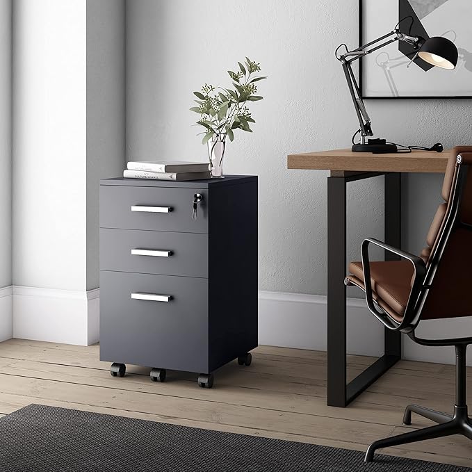 Modern Design Lazio Black File Cabinet, Filing Cabinets for Home Office, Drawers for Under Desk, Locking 3 Drawer Rolling Wood File Cabinet with Lock, by Crafts and Comfort