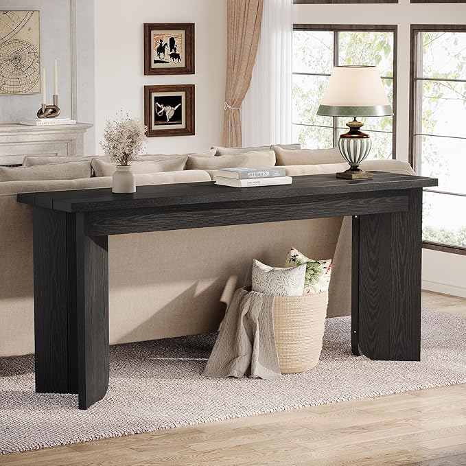 Tribesigns 70.9-Inch Sofa Console Table, Wooden Extra Long Entryway Table with Widened Tabletop, Farmhouse Console Behind Couch with Sturdy Double Pedestal for Hallway, Living Room, Black