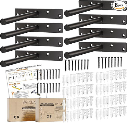 BATODA - 6" Floating Shelf Bracket Heavy Duty (8 pcs)-Solid Steel Blind Shelf Supports - Hidden Brackets for Floating Wood Shelves - Blind Shelf Support - Shelving Mounting Hardware Included (Pack 8)