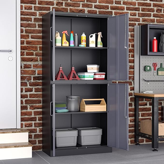 Metal Storage Locking Cabinet, 71" Tall Metal Cabinet with 4 Doors and 2 Adjustable Shelves, Locking Steel Cabinet for Home, School, Office, Gym, Garage Storage (Black Grey)