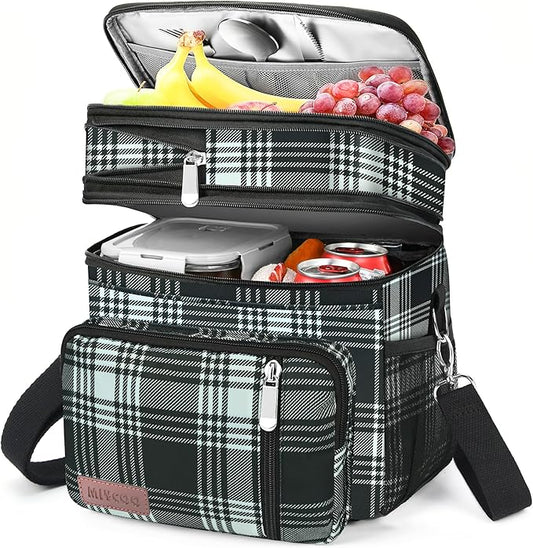 MIYCOO Lunch Bag & Lunch Box for Women Men, Double Deck Leakproof Insulated Soft Large Adult Camping Cooler bag for Work, Beach, Picnic, Travel (Checkered Black and White, 15L)