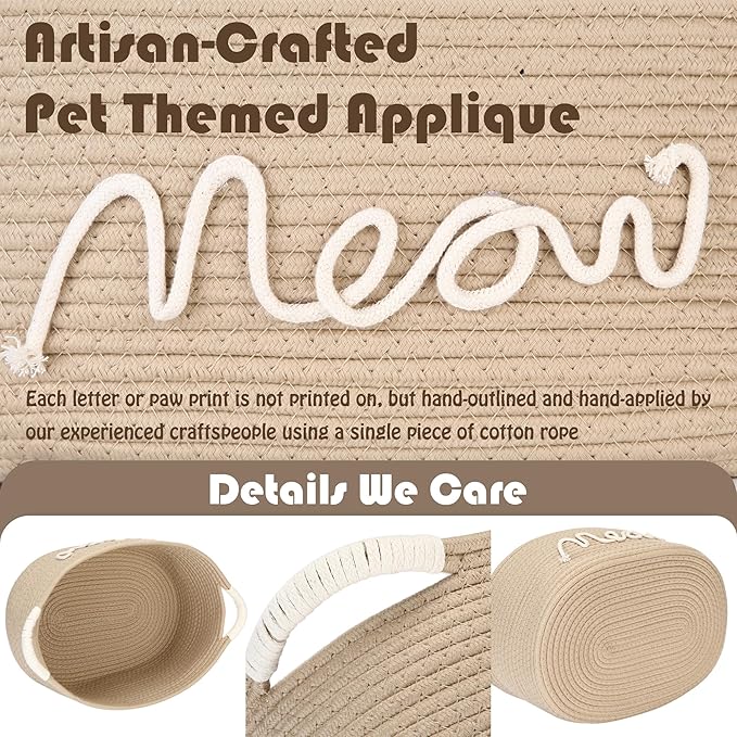 Sea Team Cat Toy Storage Basket with Handles, 16.5 x 11 x 7 Inches, 4.4 Gallons Large Cotton Rope Storage Bin, Shelf Basket, Organizer for Pet Chew Toys, Foods, Beige Meow