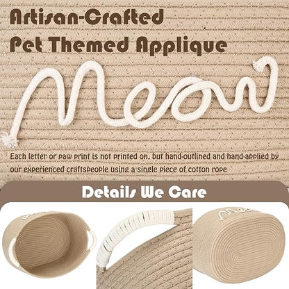 Sea Team Cat Toy Storage Basket with Handles, 16.5 x 11 x 7 Inches, 4.4 Gallons Large Cotton Rope Storage Bin, Shelf Basket, Organizer for Pet Chew Toys, Foods, Beige Meow