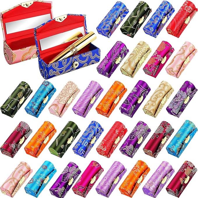 36 Pcs Diwali Gifts Bulk, Indian Return Gifts for Pooja Lipstick Holder Cases with Mirror, Mini Floral Jewelry Boxes, Portable Lipstick Storage for Women Wedding Party Favor (Random Color)