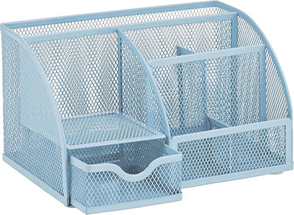 Annova Mesh Desk Organizer Office with 7 Compartments + Drawer/Desk Tidy Candy/Pen Holder/Multifunctional Organizer (New Blue23)