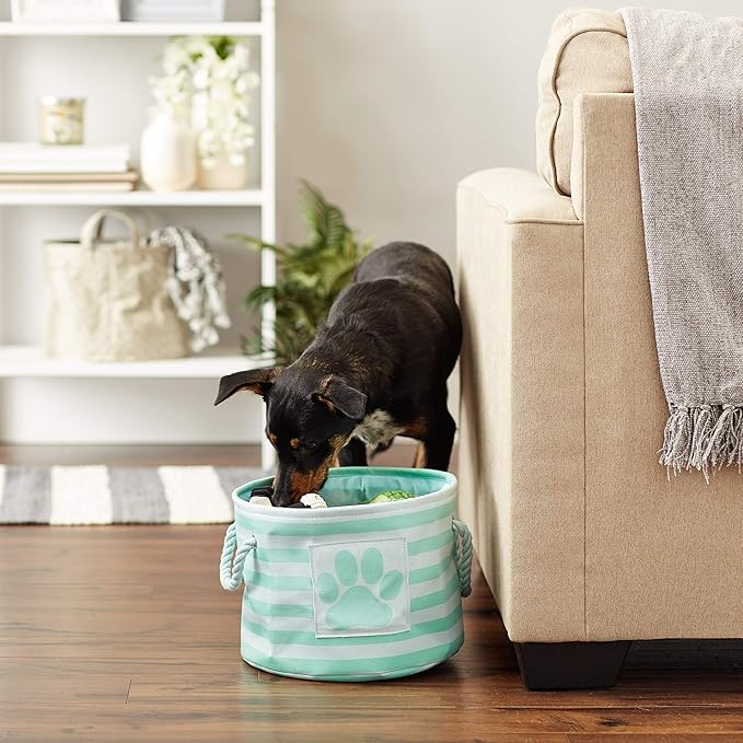 Bone Dry Pet Storage Collection Striped Paw Patch Bin, Aqua, Small Round