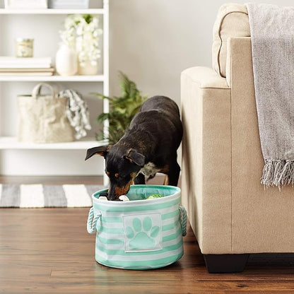 Bone Dry Pet Storage Collection Striped Paw Patch Bin, Aqua, Small Round