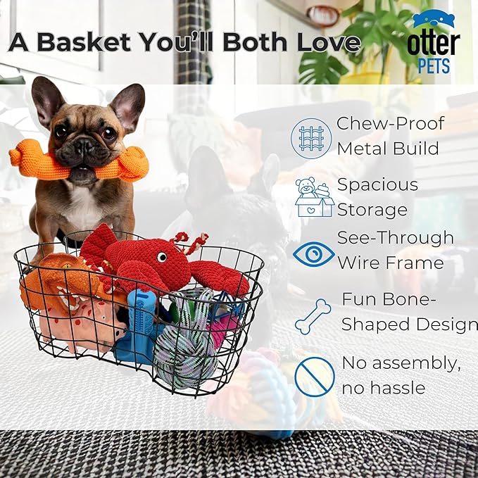 Metal Dog Toy Basket, Bone Shaped Indestructible Dog Toy Bin, Sturdy Dog Storage Organizer, Pet Toy Basket, 17 (L) x 13 (W) x 7 (H) inches