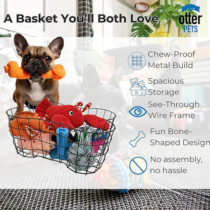 Metal Dog Toy Basket, Bone Shaped Indestructible Dog Toy Bin, Sturdy Dog Storage Organizer, Pet Toy Basket, 17 (L) x 13 (W) x 7 (H) inches