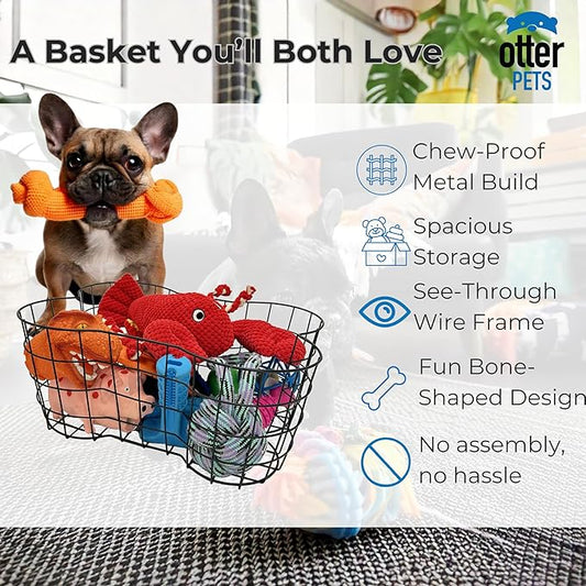 Metal Dog Toy Basket, Bone Shaped Indestructible Dog Toy Bin, Sturdy Dog Storage Organizer, Pet Toy Basket, 17 (L) x 13 (W) x 7 (H) inches