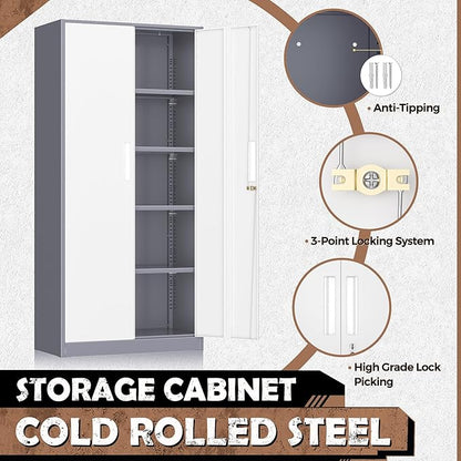 INTERGREAT Metal Storage Cabinet, 72” H Storage Cabinet with Doors and Adjustable Shelves for Office, Home, Garage, Pantry (Assembly Required, Grey White)