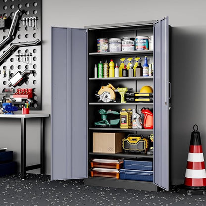 Metal Storage Cabinet, 71 Inch Tall with Adjustable Shelves & Locking Doors, Tool Cabinets for Garage, Office, Home, School, Gym Storage (Grey Black)