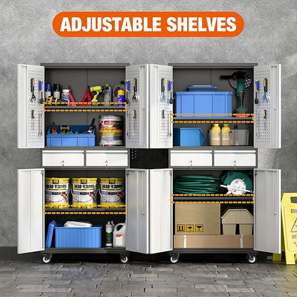 Aobabo Metal Storage Cabinet with Wheels, Garage Storage Cabinet with 2 Drawers and 2 Adjustable Shelves for Garage, Kitchen, Office, Assembly Required, Black Grey