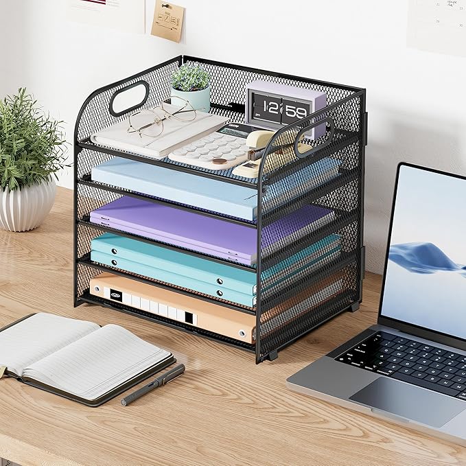 2 Pack 5 Tier Paper Organizer, Letter Tray with Handle, Mesh Desk Organizer, Metal File Organizer, Office Desk Accessories for Home, Office, Classroom, School -Black