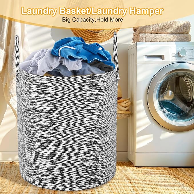 Large Woven Laundry Basket Hamper,60L Cotton Rope Storage Baskets for Blankets in living room,Decor Tall Laundry Bin for Toys Storage,Clothes Basket,Baby Basket,White and Blue