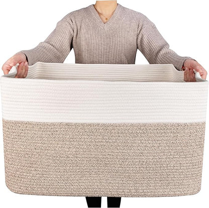 MINTWOOD Design 22in Extra Large Blanket Basket Holder Living Room, Rectangle Rope Woven Storage Basket with Handles for Laundry, Pool Towels, and Shoes, Dog Toy Organizer Bin Box, Light Brown