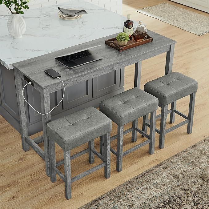 59" Power Outlet Mid Century Console Table, Slim Console Table with Solid Wood Frame, Long Narrow Console Tables for Living Room & Kitchen, Grey