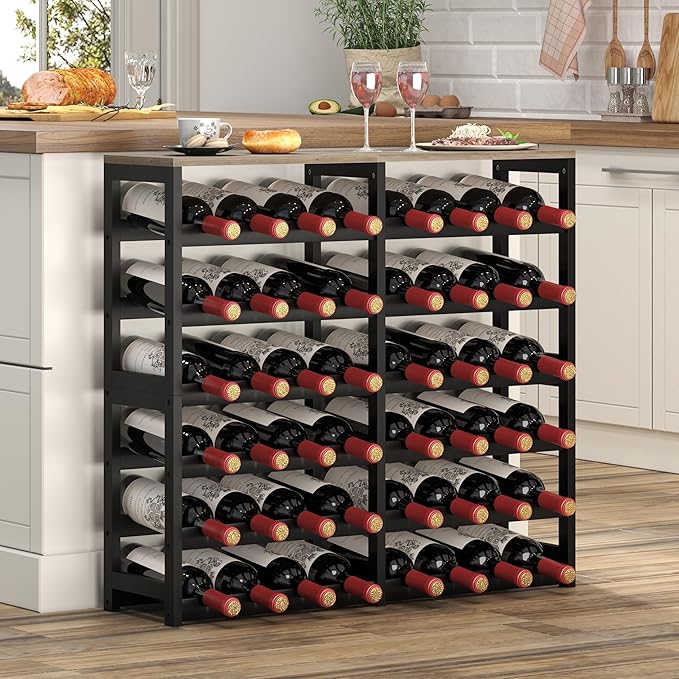 6 Tier Bamboo Wine Rack Freestanding Floor, 48 Bottles Wine Storage Shelves with Table Top, Stackable Wine Display Rack for Kitchen, Bar, Dining Room (Ivory White and Black, 48 Bottles)