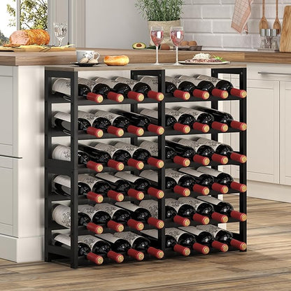 6 Tier Bamboo Wine Rack Freestanding Floor, 48 Bottles Wine Storage Shelves with Table Top, Stackable Wine Display Rack for Kitchen, Bar, Dining Room (Ivory White and Black, 48 Bottles)