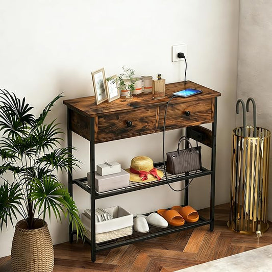 GOFLAME Console Table with Power Outlet, Narrow Entry Table with Drawers, 2 AC Outlets & 2 USB Ports, Sofa Table for Living Room Behind Couch, Living Room, Foyer, Brown