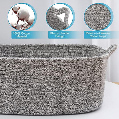 ABenkle Small Storage Basket with Handles, Cotton Rope Woven Dog Cat Toy Bin, Decorative Shelves Closet Organizing for Nursery Laundry Bedroom Bathroom, 14.2''x 11''x 5.1''