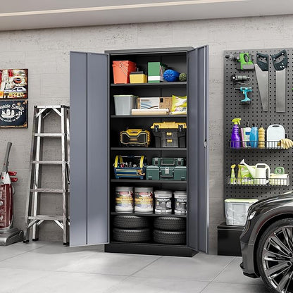 Yizosh Metal Garage Storage Cabinet with Lock, 71" Locking Tool Cabinet with 2 Doors and 5 Shelves, Tall Steel Cabinet for Garage, Heavy Duty File Cabinet for Office, School (Black Gray)