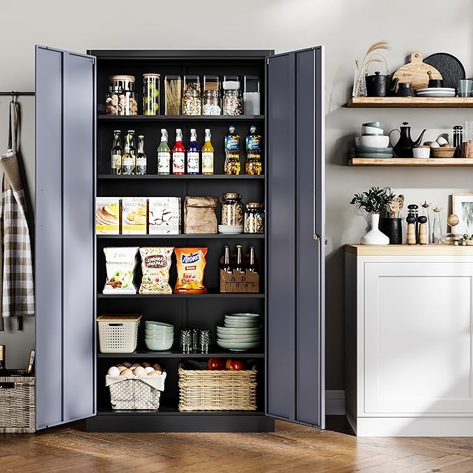 Metal Storage Cabinet, 71 Inch Tall with Adjustable Shelves & Locking Doors, Tool Cabinets for Garage, Office, Home, School, Gym Storage (Grey Black)