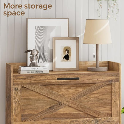 32" W Farmhouse Shoe Storage Cabinet with 2 Flip Drawers and Barn Door Design, Adjustable Shelves, Hidden Slim Narrow Shoe Rack Cabinet for Entryway, Foyer, Hallway, Living Room, Rustic Walnut