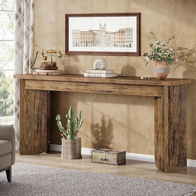 Tribesigns 70.9-Inch Sofa Console Table, Wooden Extra Long Entryway Table with Widened Tabletop, Farmhouse Console Behind Couch with Sturdy Double Pedestal for Hallway, Living Room, Rustic Brown