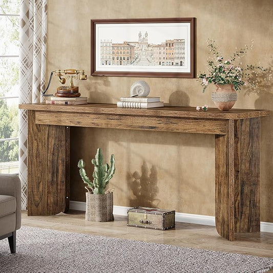 Tribesigns 70.9-Inch Sofa Console Table, Wooden Extra Long Entryway Table with Widened Tabletop, Farmhouse Console Behind Couch with Sturdy Double Pedestal for Hallway, Living Room, Rustic Brown