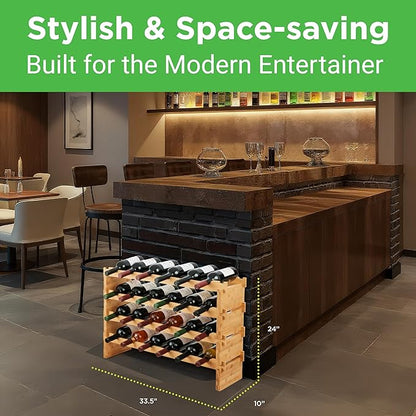 NutriChef Magnum Oversize 24 Bottle Stackable Modular Wine Rack, Upgraded 1” Thick Sideboard, .5” Rack Sticks, Sturdy Wobble Free Natural Bamboo Construction with Anti Moisture Protective Finish