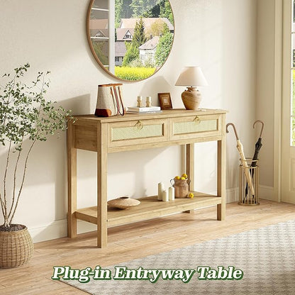 SUPERJARE Rattan Console Sofa Table with Outlets and USB-C Port, 2 Drawer Entryway Table with Synthetic Rattan Surface, 39 Inch, Open Shelf, Behind Couch Entry Foyer Hallway Storage, Natural