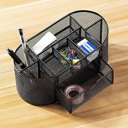 Amazon Basics Mesh Desk Organizer with Pen Holder, Pullout Drawer and Office Caddy Storage, 9.25" x 4.53" x 3.94", Black