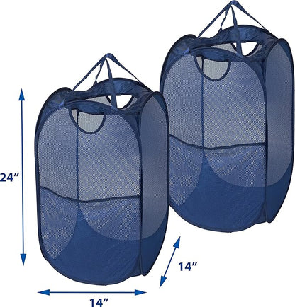 Simple Houseware Mesh Pop-Up Laundry Hamper Basket with Side Pocket, Dark Blue - 2 Pack