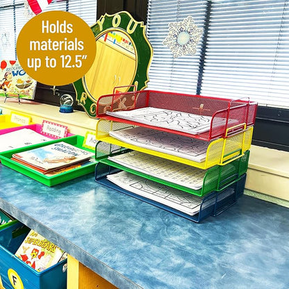 Mind Reader Stackable Paper Tray, Classroom Organizer, File Storage, Teachers, Metal Mesh, 4 Pcs., Multi-Colored