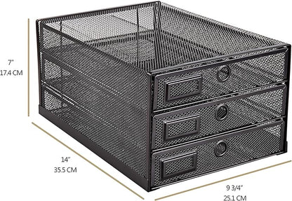 Annova Desk Organizer Wire Mesh 3 Tier Sliding Drawers Paper Sorter/Multifunctional/Premium Solid Construction for Letters, Documents, Mail, Files, Paper, Kids' Art Supplies (Black)