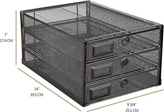 Annova Desk Organizer Wire Mesh 3 Tier Sliding Drawers Paper Sorter/Multifunctional/Premium Solid Construction for Letters, Documents, Mail, Files, Paper, Kids' Art Supplies (Black)