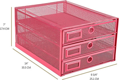 Annova Desk Organizer Wire Mesh 3 Tier Sliding Drawers Paper Sorter/Multifunctional/Premium Solid Construction for Letters, Documents, Mail, Files, Paper, Kids' Art Supplies (Pink)