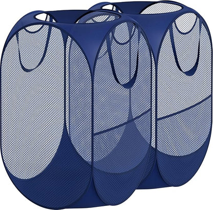 Simple Houseware Mesh Pop-Up Laundry Hamper Basket with Side Pocket, Dark Blue - 2 Pack