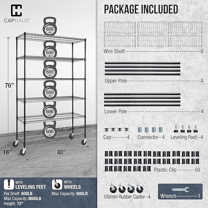 CAPHAUS NSF Commercial Grade Heavy Duty Wire Shelving w/Wheels, Leveling Feet & Liners, Storage Metal Shelf, Garage Shelving Storage, Utility Wire Rack Storage Shelves, 48 x 18 x 76 6-Tier No Liner