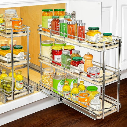 LYNK PROFESSIONAL® Élite™ Pull Out Spice Rack Organizer for Inside Kitchen Cabinets - 6" x 21" - Slide Out Drawer – Wood/Chrome Sliding Spice Organization for cabinet - Spice Racks - 6 Tier