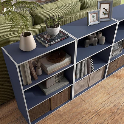 Homes: Inside + Out Apexa 3-Tier Cube Storage Organizer Shelves, Stackable Wood Bookcase Fits Cubby Bins for Organization, Dorm Teen Room Decor & Home Office, Steel Blue